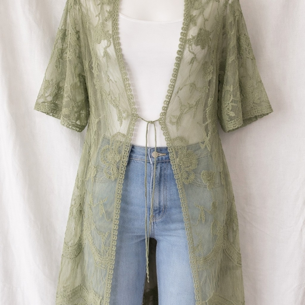 Sheer Lace Kimono Duster in Sage Green From Francesca's- L/XL- NWOT
